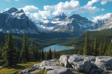 Fototapeta premium Serene Mountain Landscape with Lush Forest and Lake