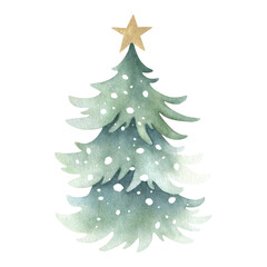Christmas tree snow-covered with festive golden star decoration on top. Hand drawn watercolor isolated illustration for Happy New Year greeting cards template, stickers, festive packaging and designs.