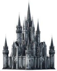 Fototapeta premium Fairy Tale Gothic Castle with Grand Towers and Dramatic Architecture Isolated on Transparent Background - made with Generative AI
