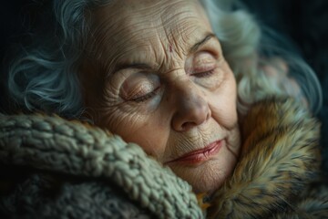 Older woman with white hair and fur coat looking at camera, portrait