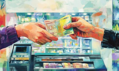 Cash exchange with stacks of money.