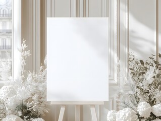 Elegant Canvas Mockup: A blank canvas stands tall on an easel, bathed in soft light and surrounded by lush, white floral arrangements, perfect for showcasing your art, design, or photography.