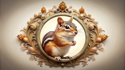 Silhouette of regal chipmunk in ornamental crest design isolated on white background