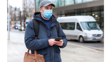 Man in a mask waiting outdoors with a smartphone reflecting modern life during pandemic times in an urban setting