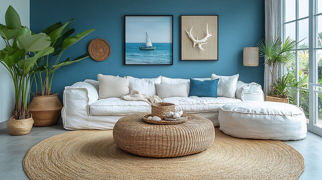 Coastal living room with a rattan sofa light blue accent wall and driftwood coffee table The space is decorated with seashells nautical art and a large woven rug for a relaxed beachy vibe