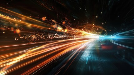 Dynamic light streaks shining on a dark background evoke a sense of speed and energy.