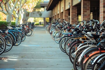 Many colorful bicycles are parked in a row on a parking lot near a university building
