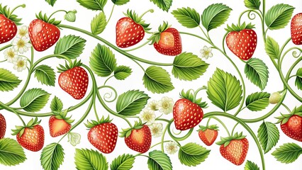 Seamless pattern with ripe strawberries on vine