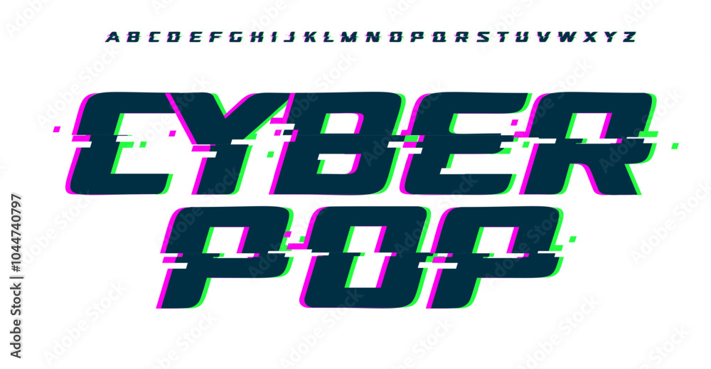Poster holographic glitch font, bold digital bug pixelated effect typeface, modern cyberpop font for retro 