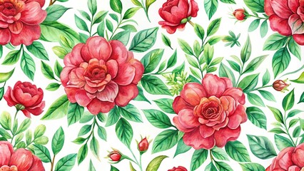 seamless red flowers and green leaves pattern