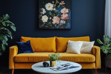 Modern Living Room with Yellow Velvet Sofa, Blue Walls, and Large Floral Painting