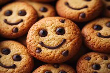 Smiling cookies with round faces and chocolate chips in a playful 3D arrangement