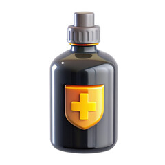 Obraz premium A 3D rendered bottle designed for health, featuring a black body with a yellow shield emblem. Ideal for game icons and health-themed designs.