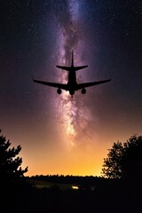 Plane in sky with Milky Way