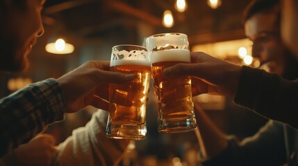 food and beverages At a pub or bar, male buddies are having a good time clinking glasses and sipping beer.
