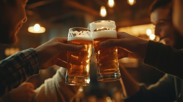 food and beverages At a pub or bar, male buddies are having a good time clinking glasses and sipping beer.

