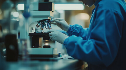 Scientist Using Microscope, Specialists Conducting Biotechnology Research, Developing Medicine in Laboratory
