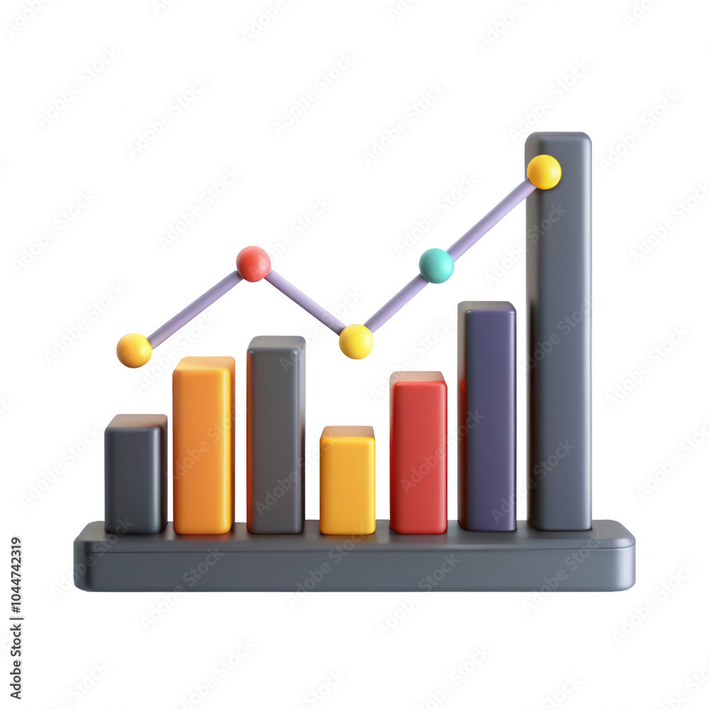 Poster a 3d render of a colorful bar graph with connecting lines depicting data trends. the design is moder