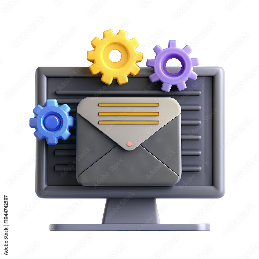 Aufkleber A computer monitor displaying an envelope with gears, representing an email system integration. The design is vibrant and modern.