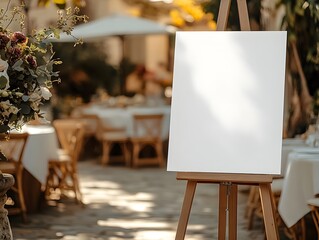 Blank Sign at Wedding ReceptionBlank Canvas Wedding Signage: An elegant, rustic easel with a blank canvas sign in front of a beautifully set wedding reception, ready for your personalized message. 