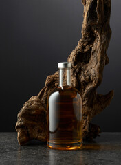 Bottle of whiskey and old snag on a black background.