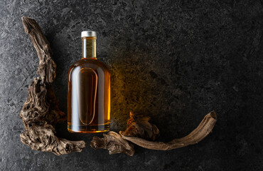 Bottle of whiskey and old snags on a black stone background.