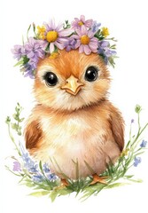Obraz premium Cute chick wearing a floral crown in a vibrant green meadow under bright blue skies