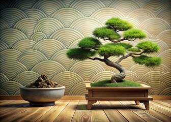 Abstract Landscape with Japanese Wave Pattern, Bamboo, and Bonsai Tree in Vintage Style Art Background for Nature-Inspired Invitation Card Template