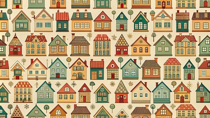 Seamless vintage house pattern on light background Wide-Angle