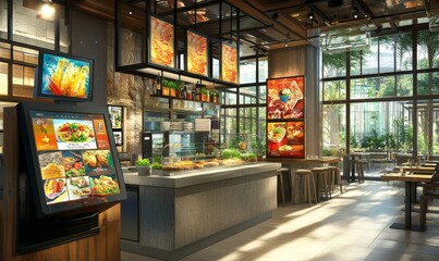Modern restaurant interior with food displays.