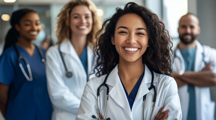 Fototapeta premium Group of young doctors, students and medical residents standing with their team in hospital hall