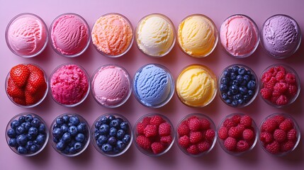 Fototapeta premium Colorful Ice Cream Scoops with Fresh Fruits Displayed