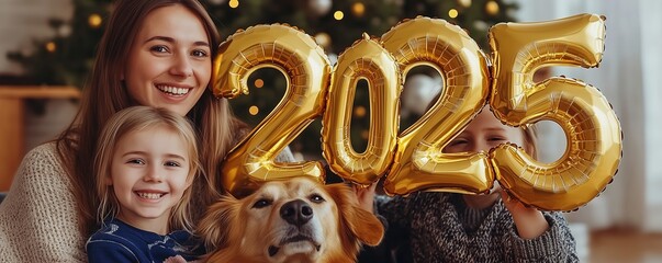 Joyful Family Dog New Year Celebration with Golden Number Balloons, 2025 Party Fun and Laughter