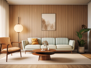 Living room interior in modern minimalist style with wooden panneling. Natural and light colors interior with wood wall panels, bronze metallic accent decor and large artwork. Wood panneling walls. 