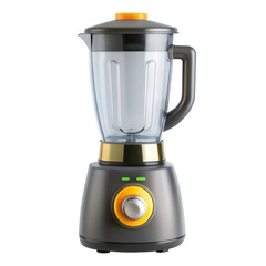 A modern blender with a clear container, a black body, and yellow accents, designed for blending smoothies and other ingredients in a kitchen setting.