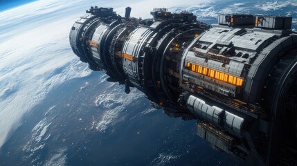 Futuristic space station orbiting Earth, showcasing advanced technology and a stunning view of the planet below.