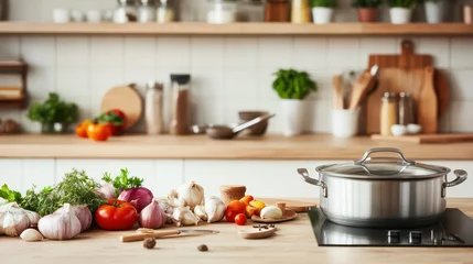 Home kitchen scene with fresh vegetables, herbs, and a pot ready for cooking. Perfect for culinary and lifestyle imagery. © GreenMOM