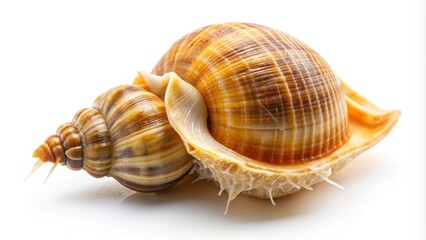 Seared Seasoned Whelk with noodles on a plain white background