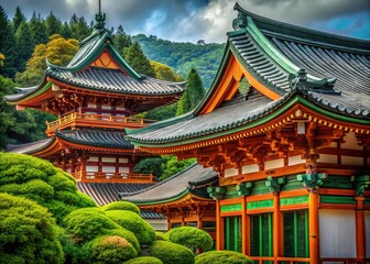 Abstract Shinto Temple Roof Detail in Kyoto Park with Traditional Green and Orange Ornamentation for Cultural Architecture Photography