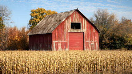 Obraz premium A beautifully aged harvest storage barn surrounded by golden cornfields, showcasing the bounty of Thanksgiving.