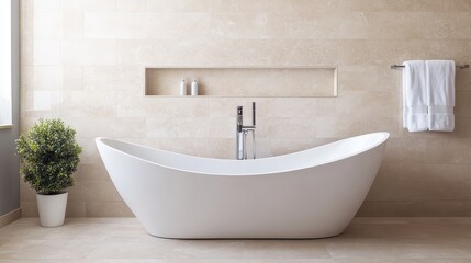 Modern stylish bathroom featuring a sleek freestanding tub, minimalistic decor, and calm neutral tones for relaxation.