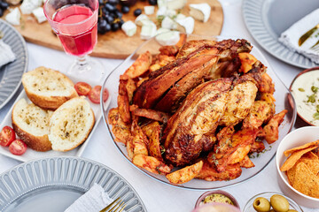 Close up background image of delicious roasted turkey dish on table served for dinner party in celebration of holidays copy space