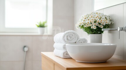 Fototapeta premium Stylish bathroom setup featuring a bowl sink, rolled towels, and a vibrant flower arrangement on a wooden counter.