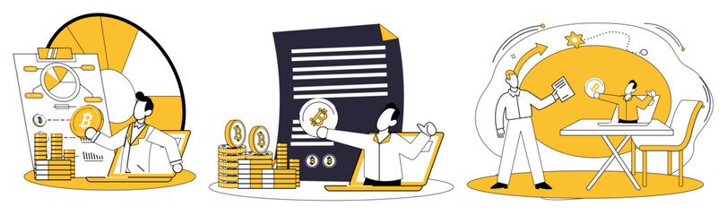 Crypto education. A man presenting financial data, analyzing cryptocurrency charts on a computer, and two people exchanging an idea lightbulb around a table. Ideal for investment, trading