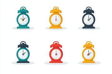 Colorful collection of digital alarm clocks showcasing different styles and colors arranged in a neat layout