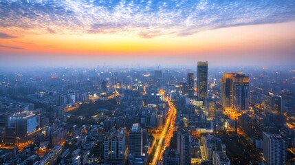 Obraz premium Modern City Skyline at Dusk with Bright Lighting