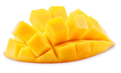 Ripe mango fruit and mango cut into hedgehog-shaped style on white background. File contains clipping path.