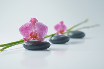 Photo of black Zen stones with pink orchids and green bamboo Isolated on a white background
