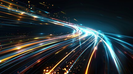 Fototapeta premium Dynamic light streaks shining on a dark background evoke a sense of speed and energy.