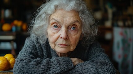 Elderly woman sitting at the kitchen table in a warm natural setting